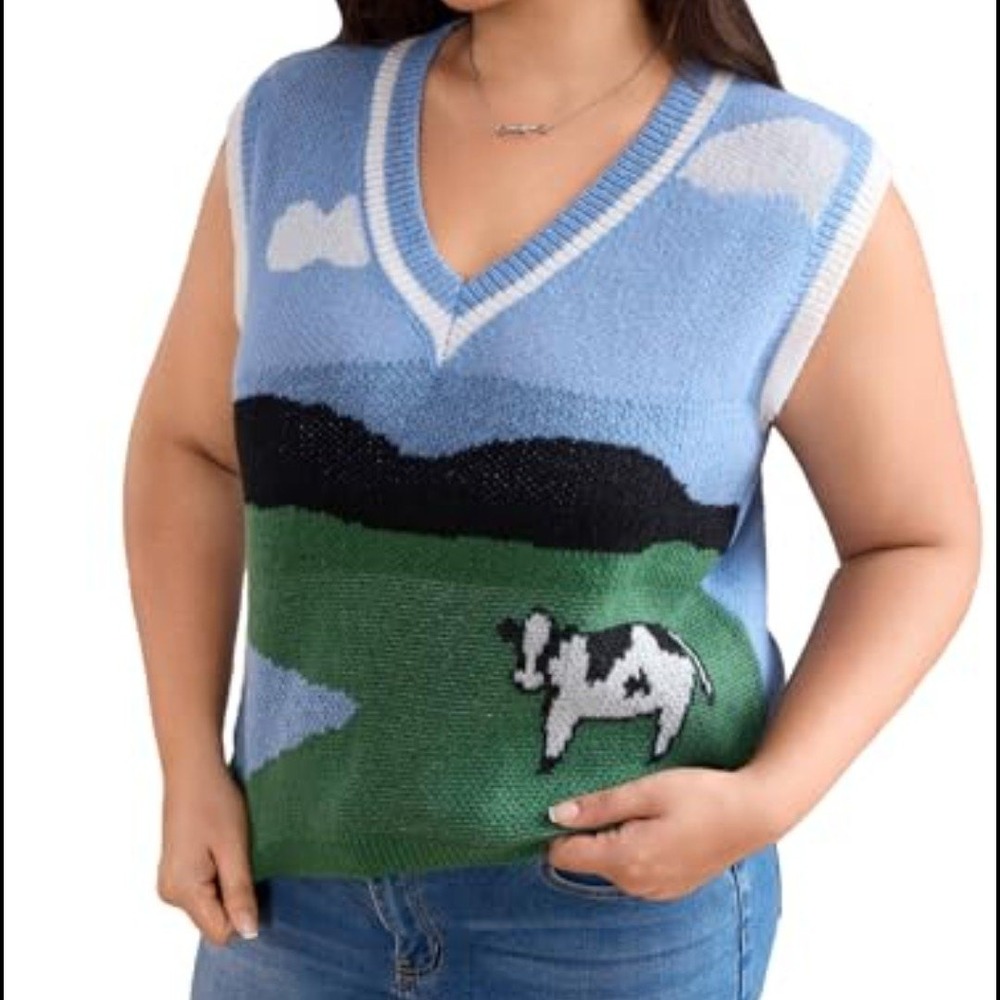 Cow Farm Sweater Vest Womens 1XL Knit Sky Nature Cottagecore Farmhouse Scene